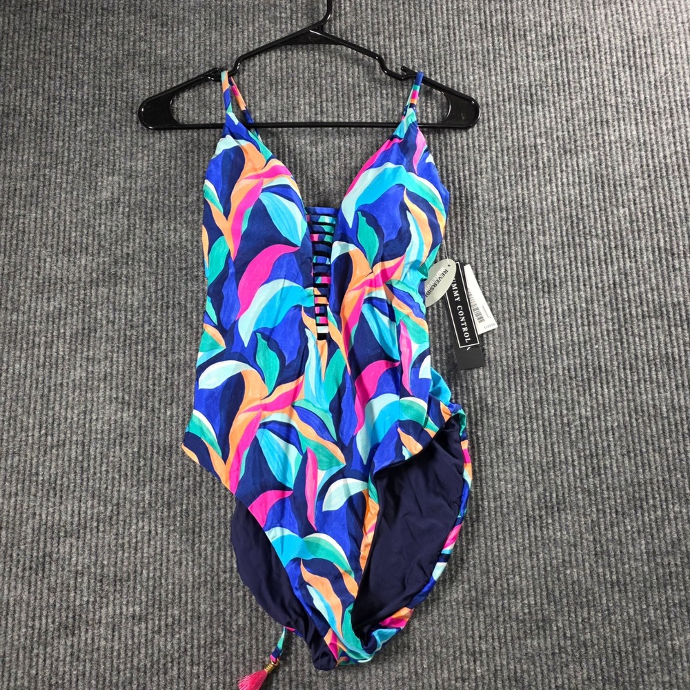 La Blanca Reversible Tummy Control One Piece Swimsuit Tropical Leaf Blue Pink 10